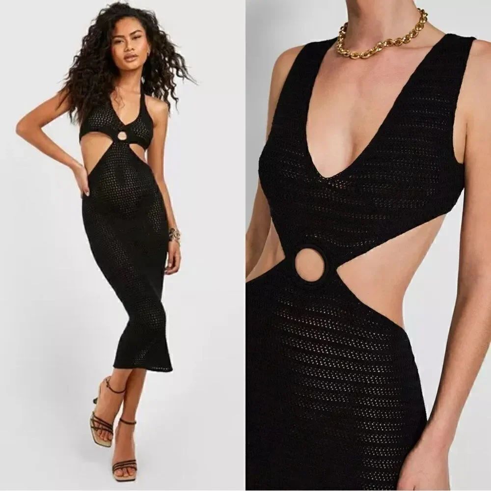 Devon Windsor Sonya Knit Midi Black Dress Crochet Size XS